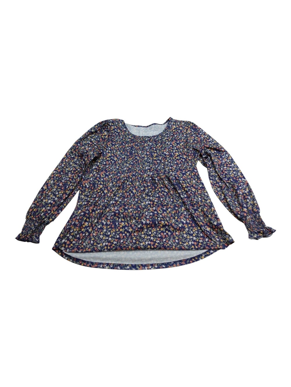 Lomon Women's XL Navy Floral Peasant Blouse Smocked Cuffs